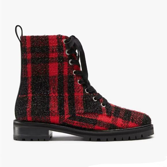 Kate Spade | NWOT Jemma Boots Red Black Plaid Combat Metallic Festival Holidays - Picture 1 of 12